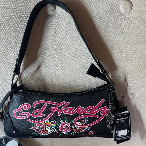 Ed Hardy Handbags - Ed Hardy Y2K Black Crossbody Bag Pink Logo Embroidered Skull Floral